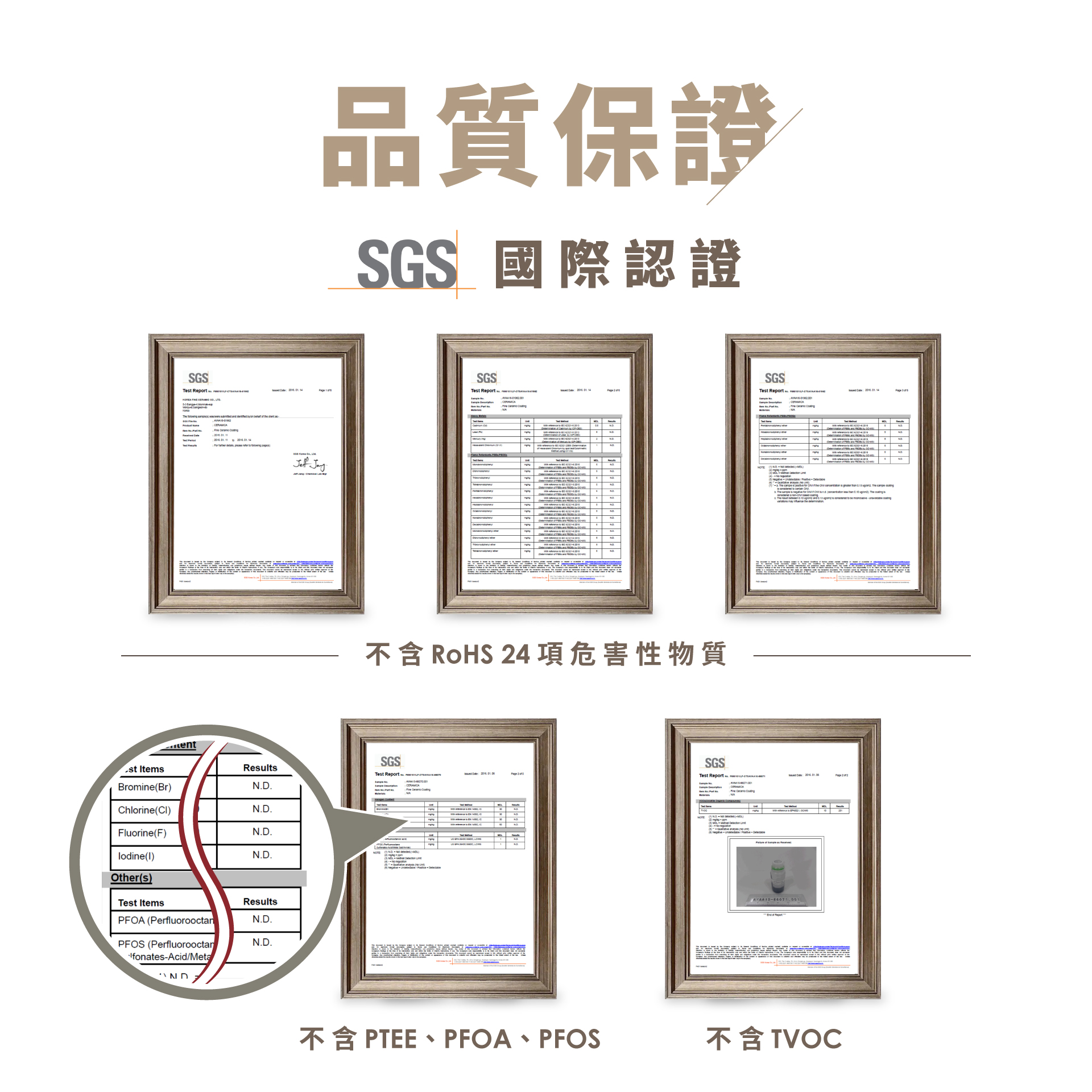 SGSTest Report             ,      品質保證SGS 國際認證SGSTest Report   不含 RoHS 24項危害性物質SGSst temsResultsTest Report    Bromine(Br)ND.Chlorine(Cl)N.D.Fluorine(F)N.D.lodine (I)N.D.Or(s)Test ItemsResultsPFO (PerfluorootanN.D.PFOS (PerfluorooctanIfonates-Acid/MetalN.D.不含 PTEE、PFOA、PFOSSGSTest Report c. A    -      the      SGSTest Report   不含TVOC